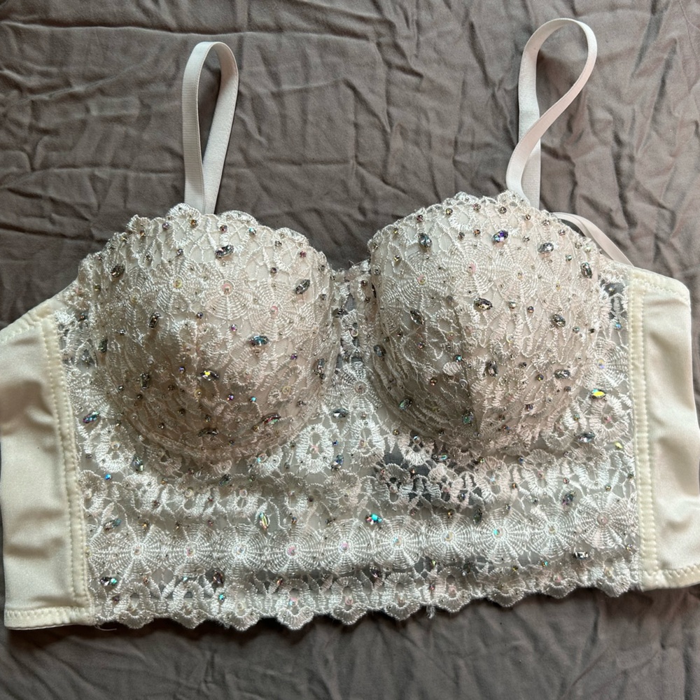 White Lace Rhinestone Bustier Corset Bralette Top Size Large Y2K Coquette Glam
